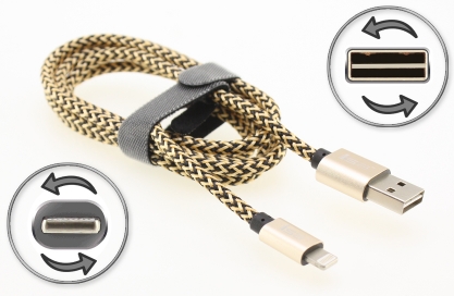 Кабель USB - Lightning, 1.2m, усиленный - плетение, двухсторонний (Double-side), золотистый, oem