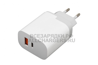 СЗУ с USB выходом, 5.0V, 3.00A, 1x USB-A, 1x USB-C, QC 3.0, PD, белый, oem