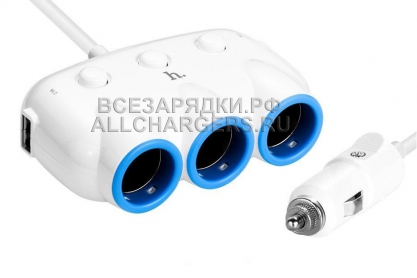 Автомобильный разветвитель для прикуривателя, 3 гнезда, 2x USB, 5V, 3.1A, Hoco